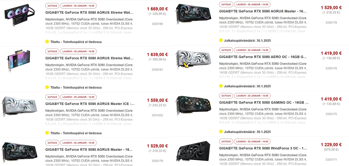 Стали известны цены на видеокарты GIGABYTE RTX 5080 в европейской рознице Стали известны цены на видеокарты GIGABYTE RTX 5080 в европейской рознице