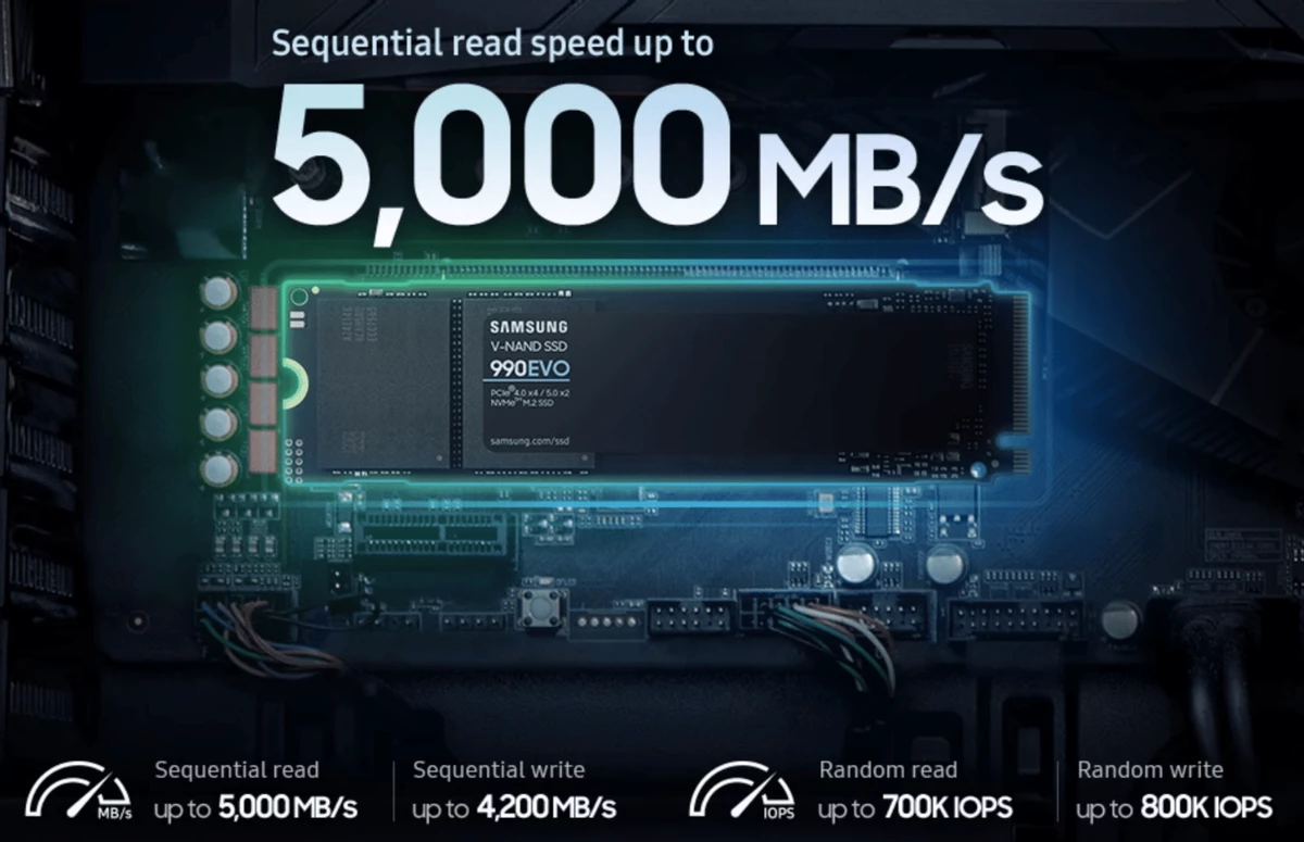 SSD Samsung 990 Evo поддерживает PCIe 4.0 x4 и PCIe 5.0 x2 SSD Samsung 990 Evo поддерживает PCIe 4.0 x4 и PCIe 5.0 x2