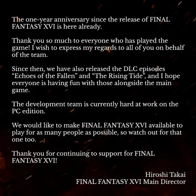 Final Fantasy XVI празднует первую годовщину, а разработчики намекают на выпуск игры на Xbox Final Fantasy XVI празднует первую годовщину, а разработчики намекают на выпуск игры на Xbox